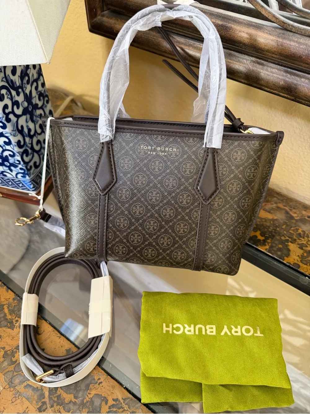 Tory Burch Brown Mini Perry Coated Canvas Tote